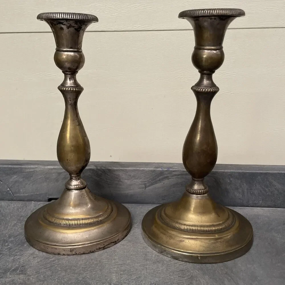 Vintage Silver-Plated Brass Candlesticks with Heavy Patina